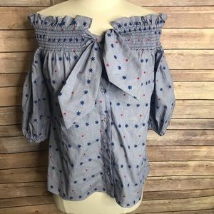 Parker chambray blue red flower floral embroidery